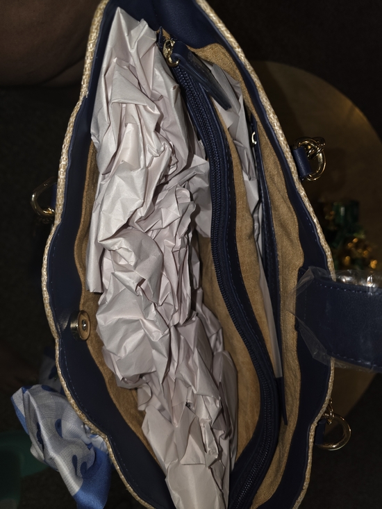 Betsey Johnson Blue Floral Embroidered Straw Tote with Scarf - Picture 3 of 5